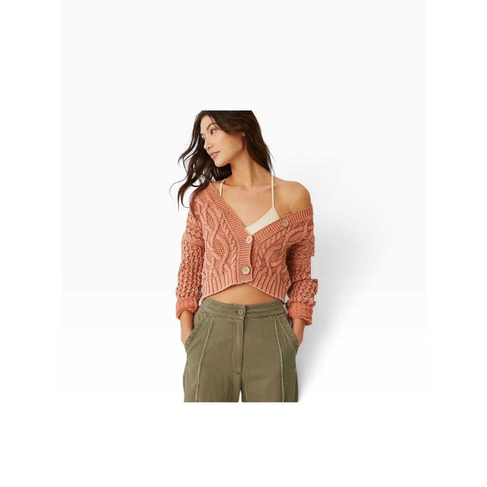 Free People Cropped Cable Knit Cardigan Terracotta Orange Cotton Fisherman Small